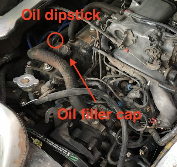 Engine oil cap and dipstick locations